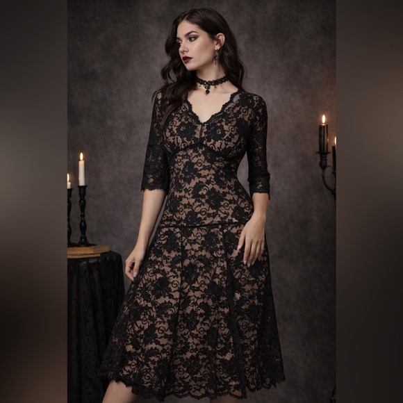 CAbi Dresses & Skirts - CAbi Black Lace Midi Dress Size Small Sheer Overlay Nude Lining Feminine Gothic